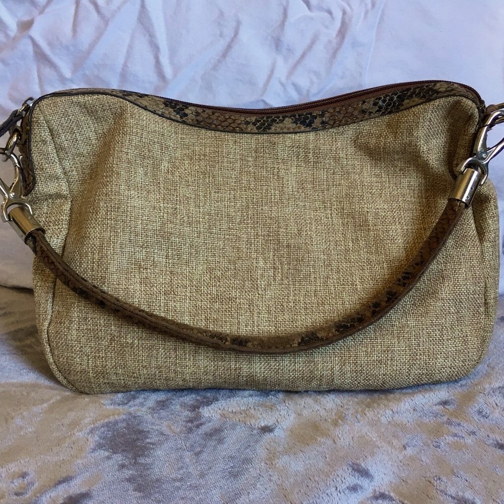 London Fog tan beige tweed-like linen shoulder bag - perfect for spring!